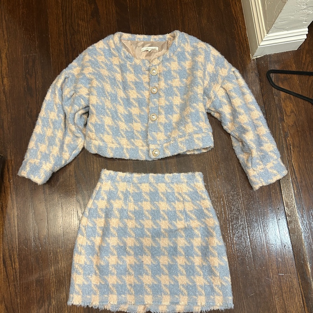 Blue and Cream Houndstooth Skirt Set